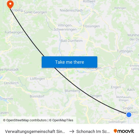 Verwaltungsgemeinschaft Singen (Hohentwiel) to Schonach Im Schwarzwald map