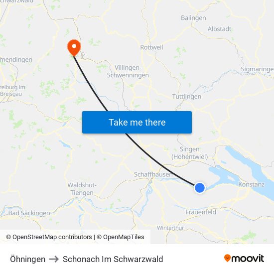 Öhningen to Schonach Im Schwarzwald map