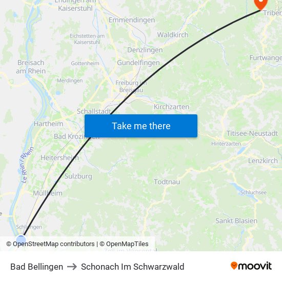 Bad Bellingen to Schonach Im Schwarzwald map