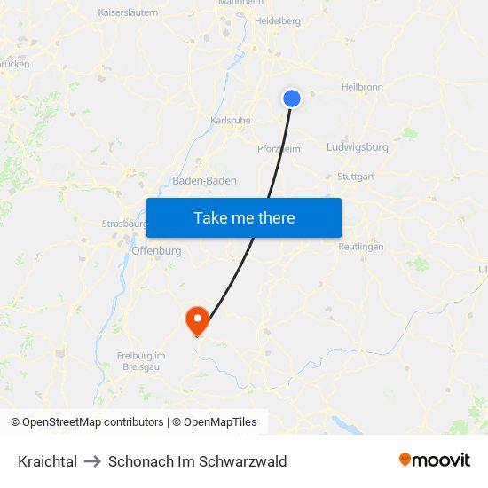 Kraichtal to Schonach Im Schwarzwald map