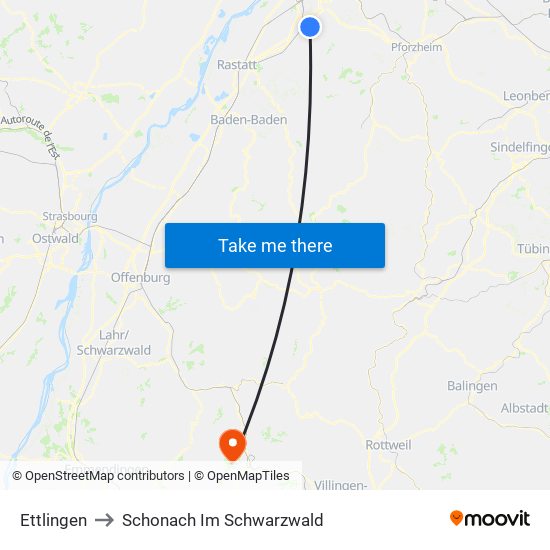 Ettlingen to Schonach Im Schwarzwald map