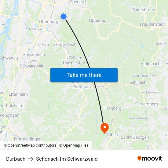 Durbach to Schonach Im Schwarzwald map