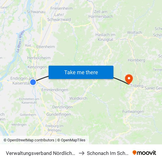 Verwaltungsverband Nördlicher Kaiserstuhl to Schonach Im Schwarzwald map