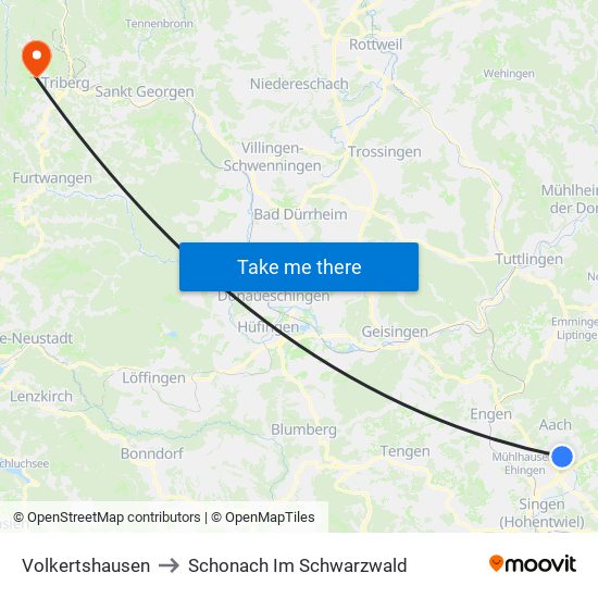 Volkertshausen to Schonach Im Schwarzwald map