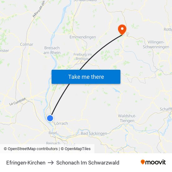 Efringen-Kirchen to Schonach Im Schwarzwald map