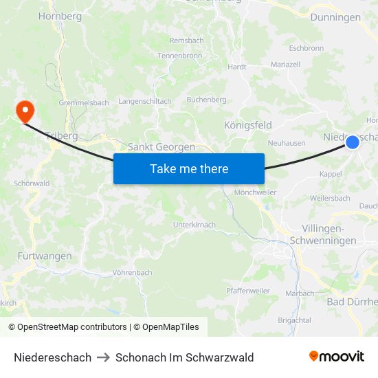 Niedereschach to Schonach Im Schwarzwald map