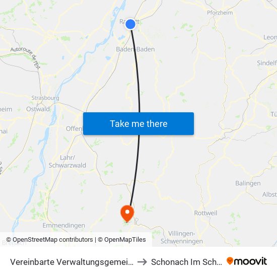 Vereinbarte Verwaltungsgemeinschaft Rastatt to Schonach Im Schwarzwald map