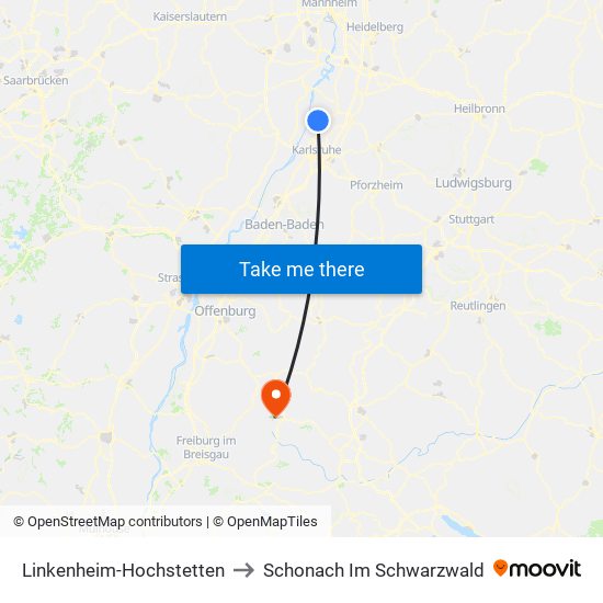 Linkenheim-Hochstetten to Schonach Im Schwarzwald map