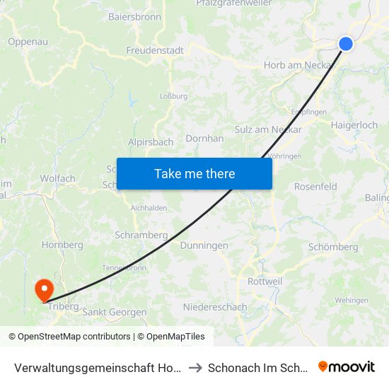 Verwaltungsgemeinschaft Horb am Neckar to Schonach Im Schwarzwald map