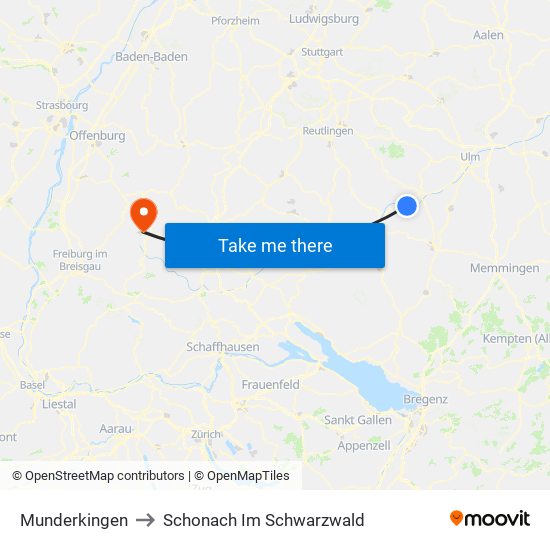 Munderkingen to Schonach Im Schwarzwald map