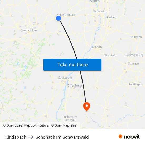 Kindsbach to Schonach Im Schwarzwald map