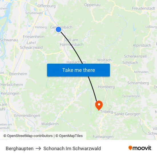 Berghaupten to Schonach Im Schwarzwald map