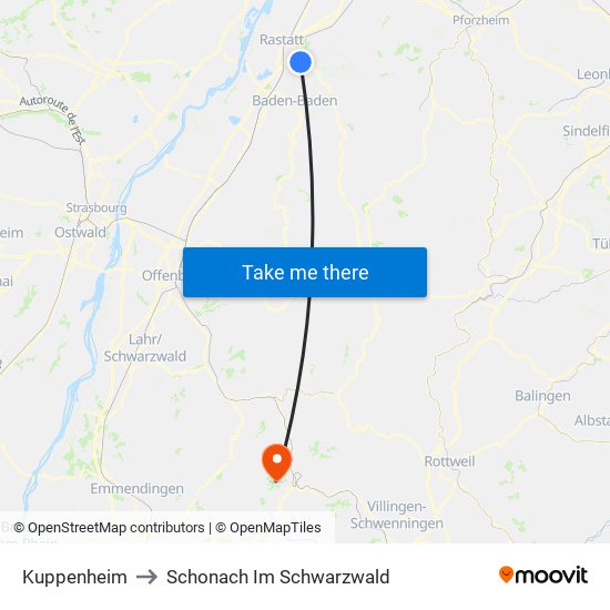 Kuppenheim to Schonach Im Schwarzwald map