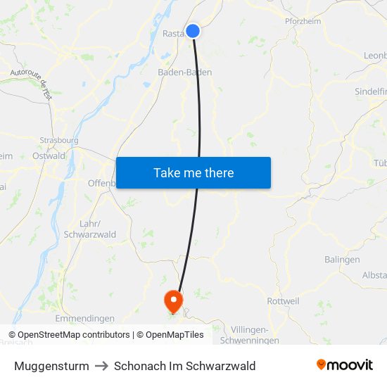 Muggensturm to Schonach Im Schwarzwald map