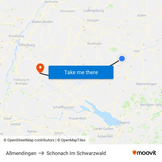 Allmendingen to Schonach Im Schwarzwald map