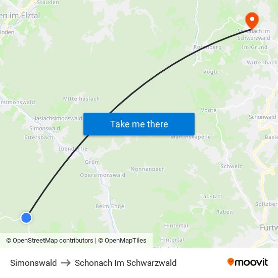 Simonswald to Schonach Im Schwarzwald map