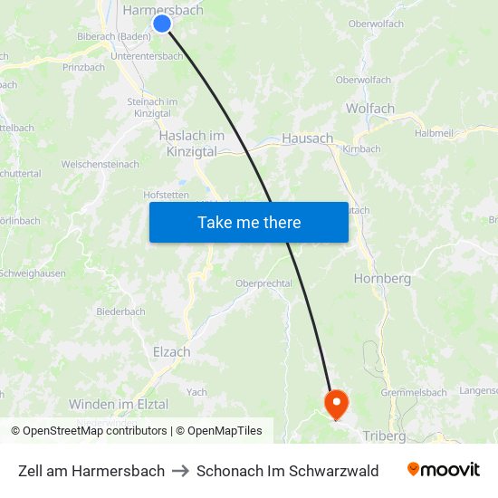 Zell am Harmersbach to Schonach Im Schwarzwald map