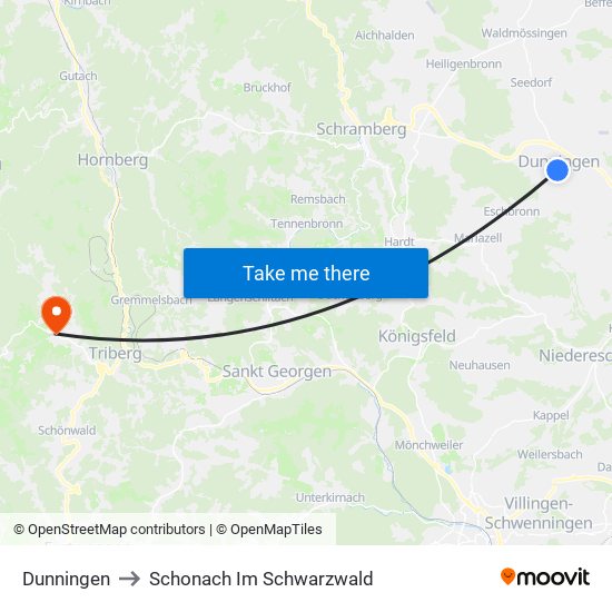 Dunningen to Schonach Im Schwarzwald map