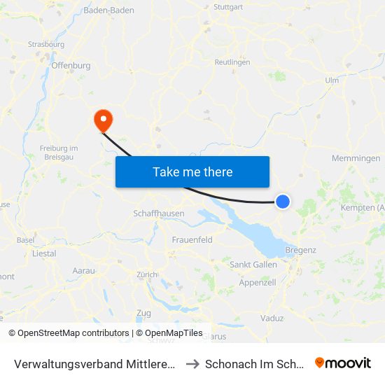 Verwaltungsverband Mittleres Schussental to Schonach Im Schwarzwald map