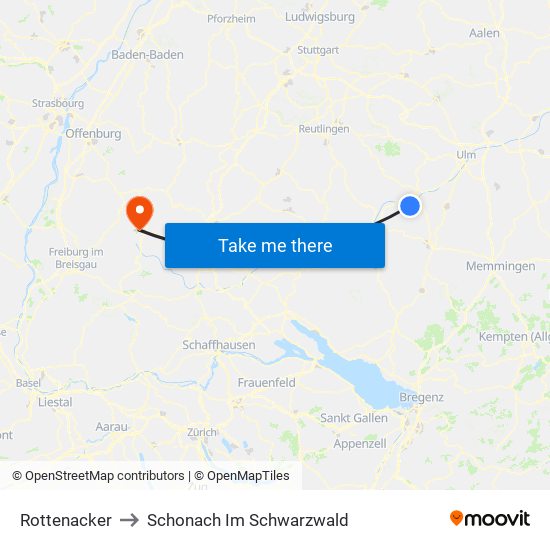 Rottenacker to Schonach Im Schwarzwald map