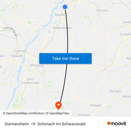 Durmersheim to Schonach Im Schwarzwald map