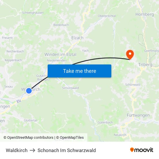 Waldkirch to Schonach Im Schwarzwald map