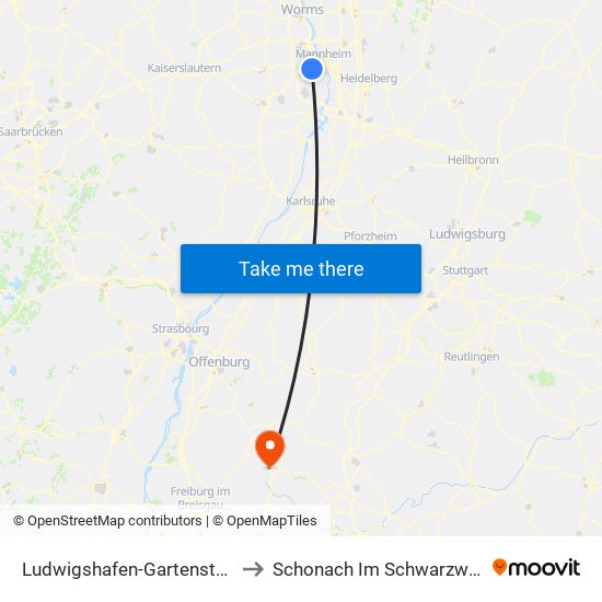 Ludwigshafen-Gartenstadt to Schonach Im Schwarzwald map