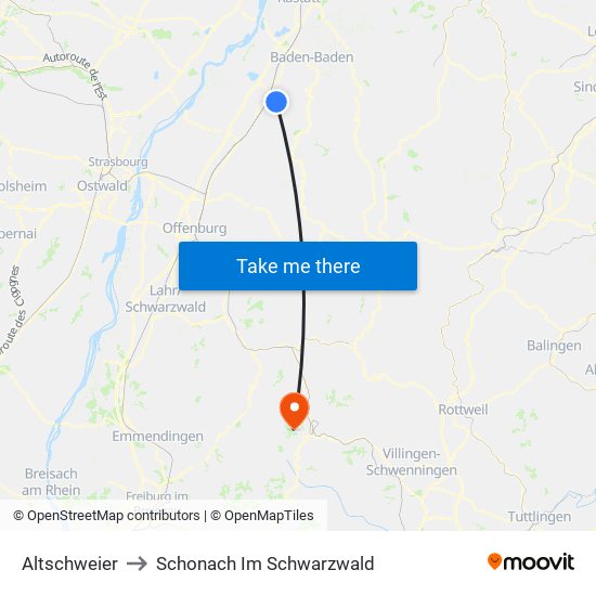 Altschweier to Schonach Im Schwarzwald map