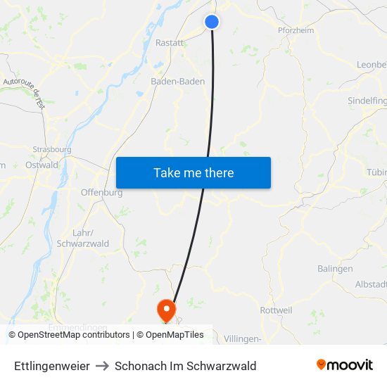Ettlingenweier to Schonach Im Schwarzwald map