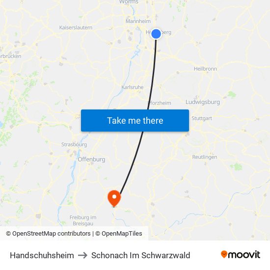 Handschuhsheim to Schonach Im Schwarzwald map