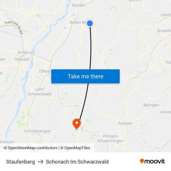 Staufenberg to Schonach Im Schwarzwald map