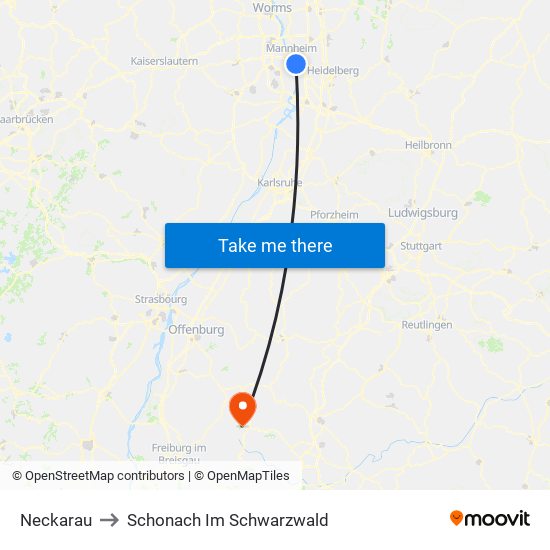 Neckarau to Schonach Im Schwarzwald map