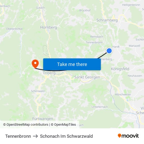 Tennenbronn to Schonach Im Schwarzwald map