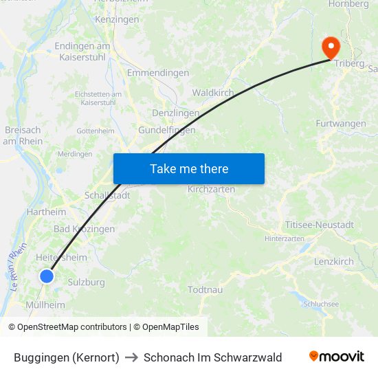 Buggingen (Kernort) to Schonach Im Schwarzwald map