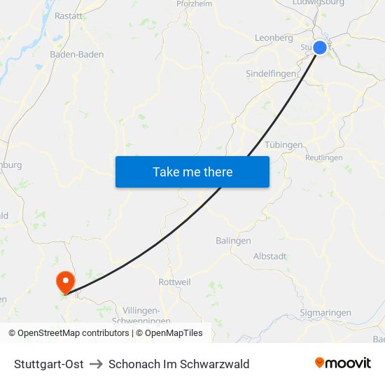 Stuttgart-Ost to Schonach Im Schwarzwald map