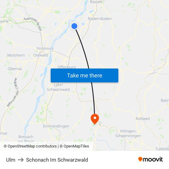 Ulm to Schonach Im Schwarzwald map