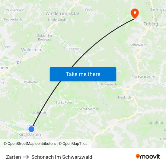 Zarten to Schonach Im Schwarzwald map