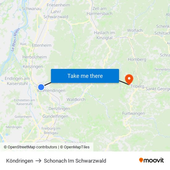 Köndringen to Schonach Im Schwarzwald map
