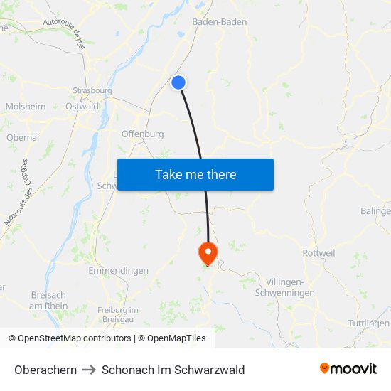 Oberachern to Schonach Im Schwarzwald map