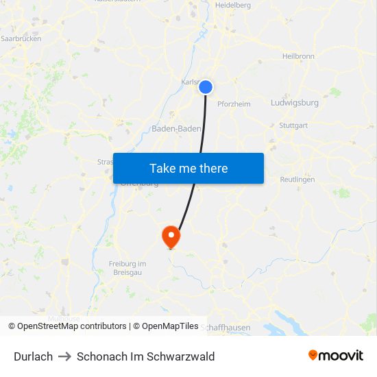 Durlach to Schonach Im Schwarzwald map