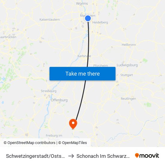 Schwetzingerstadt/Oststadt to Schonach Im Schwarzwald map