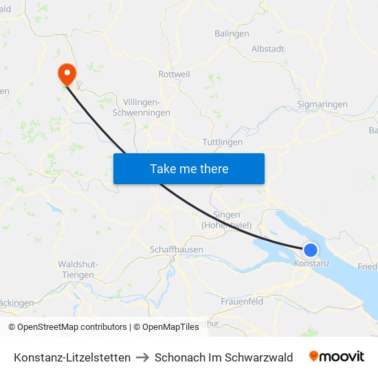 Konstanz-Litzelstetten to Schonach Im Schwarzwald map