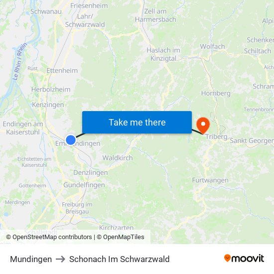 Mundingen to Schonach Im Schwarzwald map