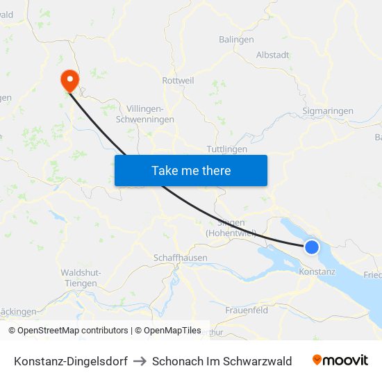 Konstanz-Dingelsdorf to Schonach Im Schwarzwald map