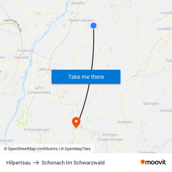 Hilpertsau to Schonach Im Schwarzwald map