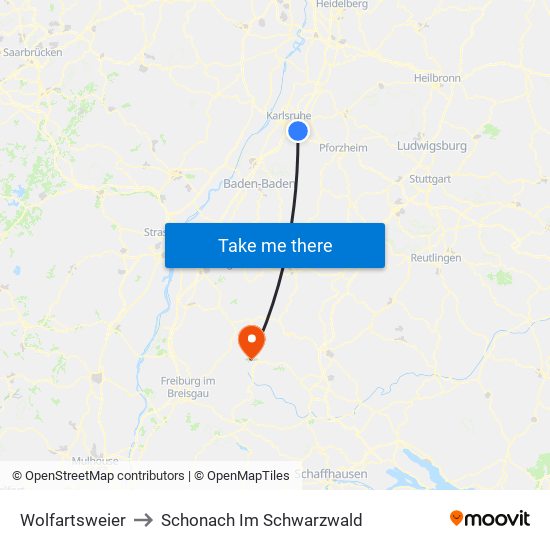 Wolfartsweier to Schonach Im Schwarzwald map