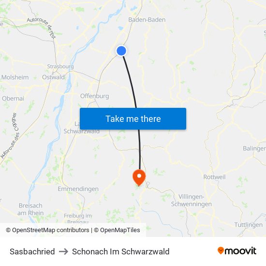 Sasbachried to Schonach Im Schwarzwald map