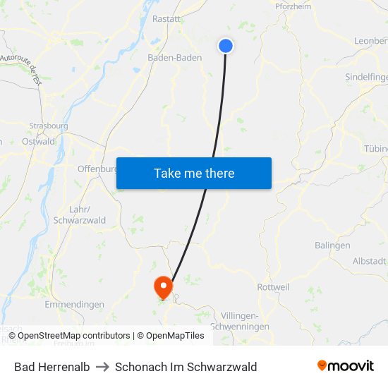 Bad Herrenalb to Schonach Im Schwarzwald map