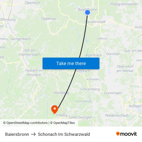 Baiersbronn to Schonach Im Schwarzwald map