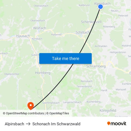 Alpirsbach to Schonach Im Schwarzwald map